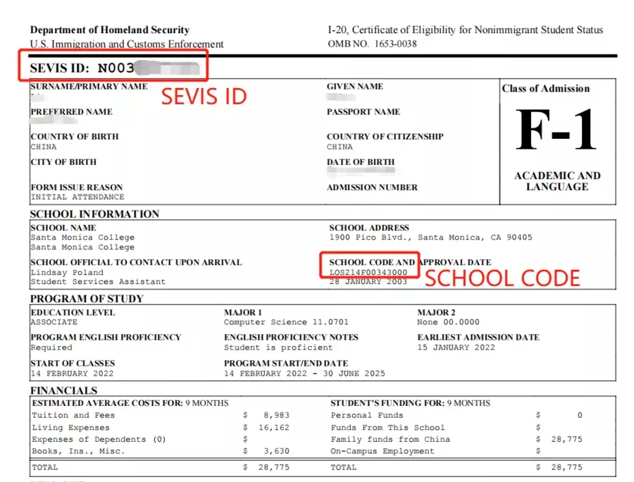 The SEVIS ID and SCHOOL CODE are located on the I-20 form. As shown in the image, the SEVIS ID begins with "N" followed by 10 digits. The SCHOOL CODE is a 15-character combination of letters and numbers.