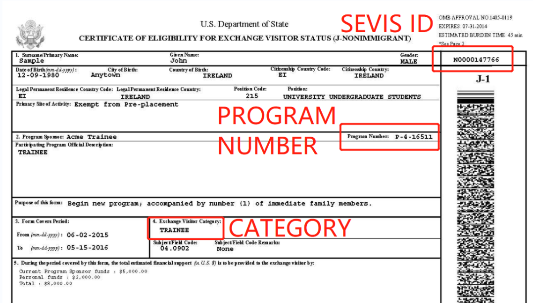 SEVIS 编号和学校代码位于 I-20 表格上。如图所示，SEVIS 编号以“N”开头，后跟 10 位数字。学校代码是由字母和数字组成的 15 个字符的组合。